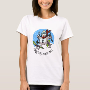 Funny Skiing Snowman Xmas Party Add Year Cartoon T-Shirt