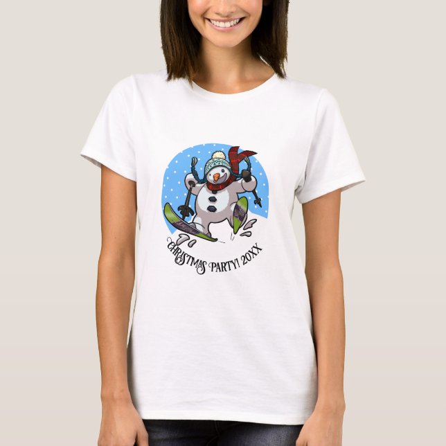Funny Skiing Snowman Xmas Party Add Year Cartoon T-Shirt (Front)