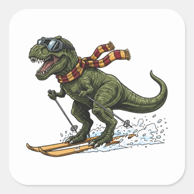 Funny Skiing T-Rex Square Sticker (Front)