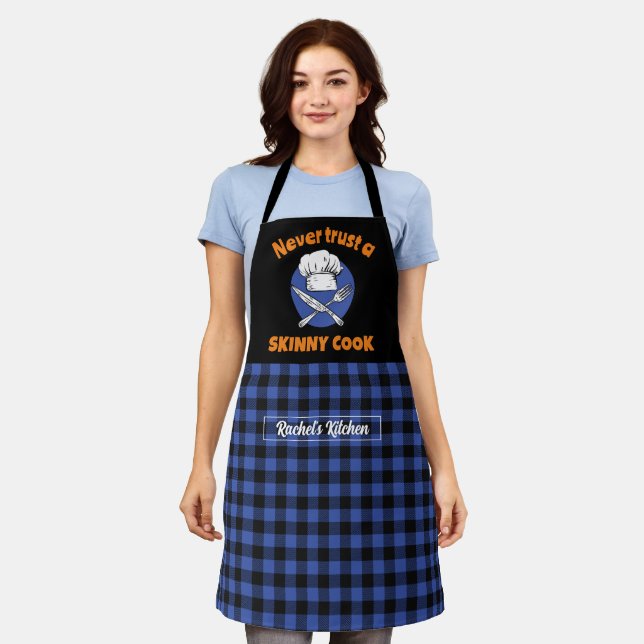 Funny Skinny Cook Black Blue Plaid Pattern Apron (Worn)