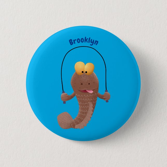 Funny skipping mudskipper fish cartoon button (Front)