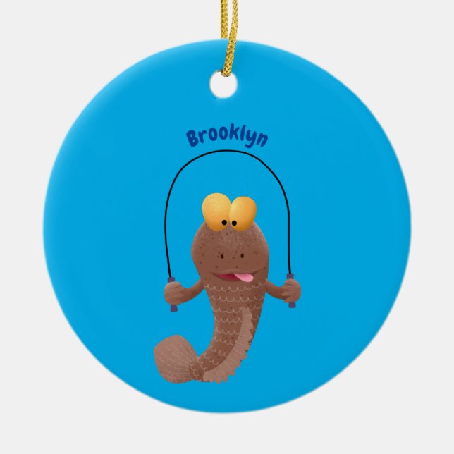 Funny skipping mudskipper fish cartoon  ceramic ornament (Front)