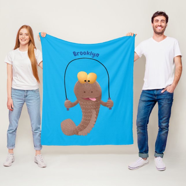 Funny skipping mudskipper fish cartoon fleece blanket (In Situ)
