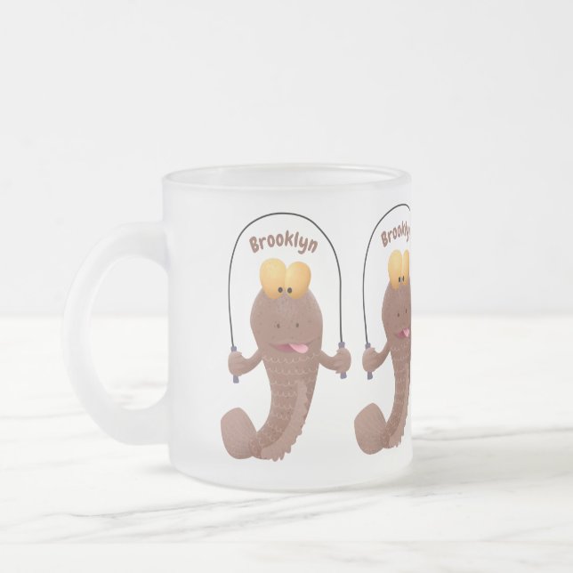 Funny skipping mudskipper fish cartoon frosted glass coffee mug (Left)