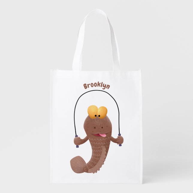 Funny skipping mudskipper fish cartoon grocery bag (Front)