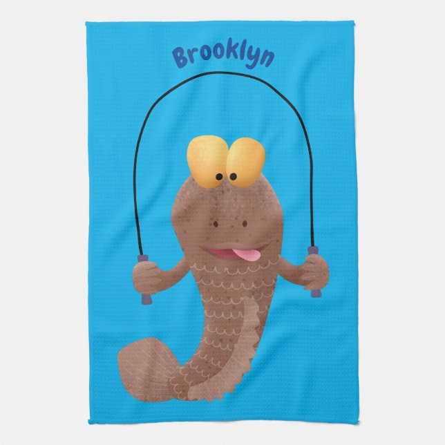 Funny skipping mudskipper fish cartoon kitchen towel (Vertical)