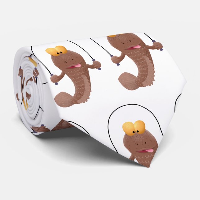 Funny skipping mudskipper fish cartoon neck tie (Rolled)