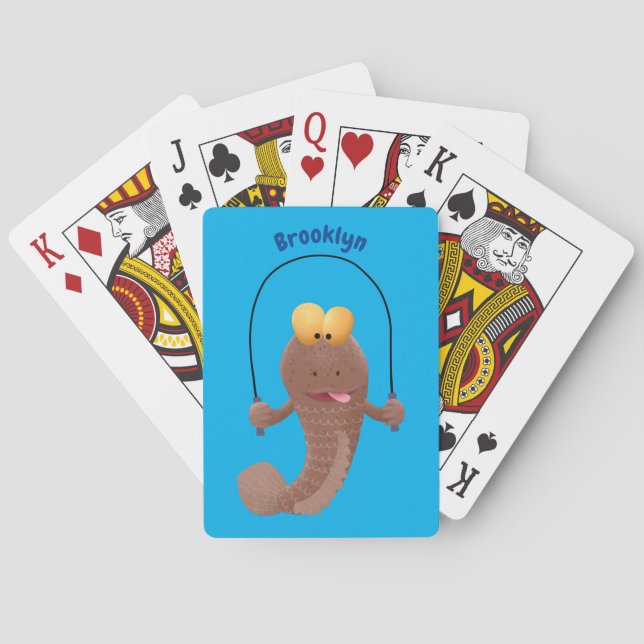 Funny skipping mudskipper fish cartoon poker cards (Back)