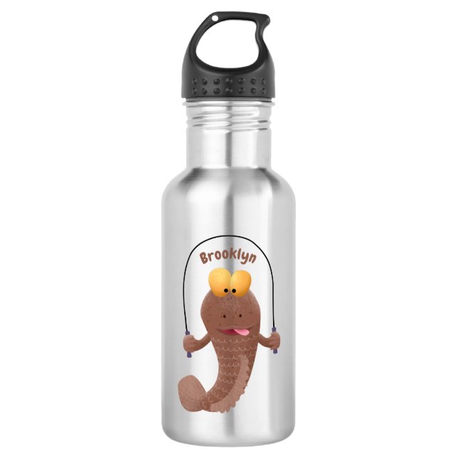 Funny skipping mudskipper fish cartoon  stainless steel water bottle (Front)