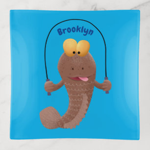 Funny skipping mudskipper fish cartoon trinket tray