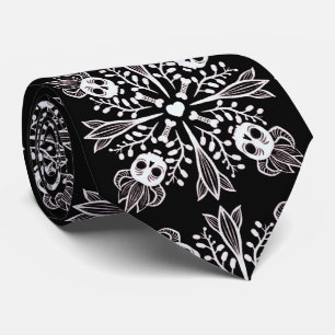 Funny Skull Black And White Halloween Neck Tie