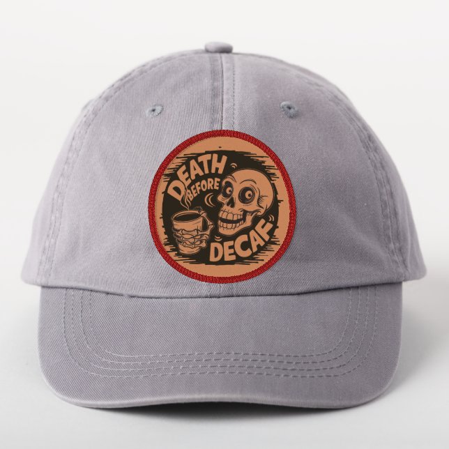 Funny Skull Death Before DeCaf Coffee Lover Patch (On Headwear)