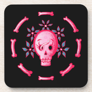 Funny Skull Design - Pink Skull with Happy Worm Beverage Coaster