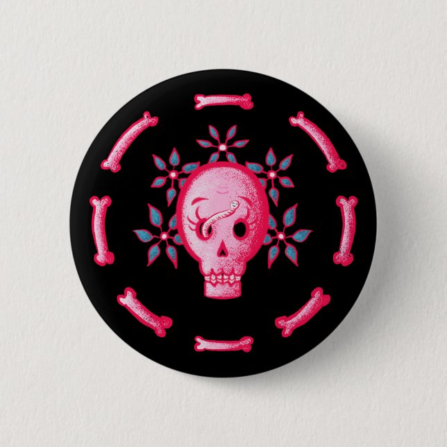 Funny Skull Design - Pink Skull with Happy Worm Button (Front)