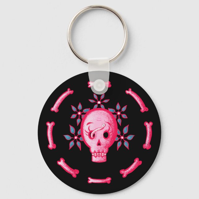 Funny Skull Design - Pink Skull with Happy Worm Keychain (Front)