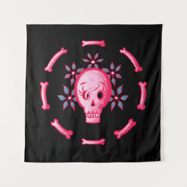 Funny Skull Design - Pink Skull with Happy Worm Tapestry (Front)