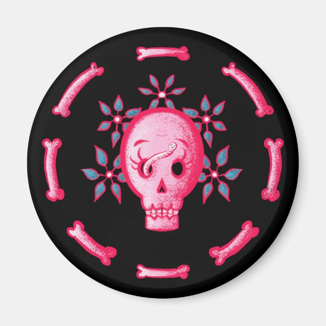 Funny Skull In Pink With Flowers And Bones Magnet (Front)