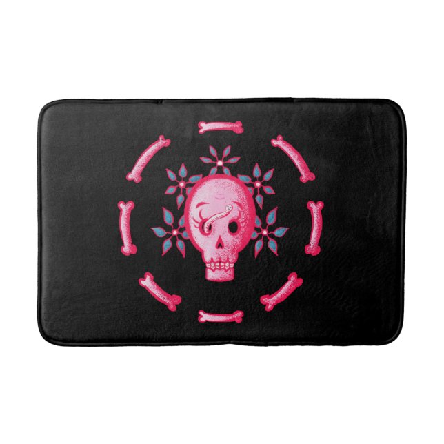 Funny Skull Pink Halloween Whimsigoth Bath Mat (Front)