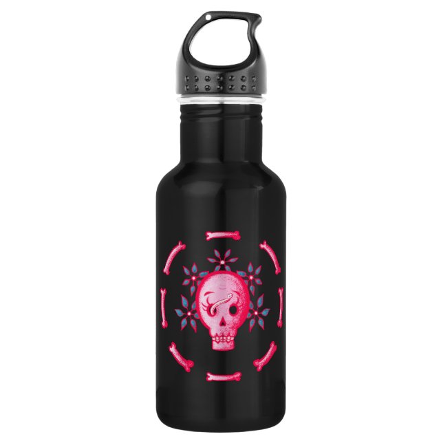 Funny Skull Pink Halloween Whimsigoth Stainless Steel Water Bottle (Front)