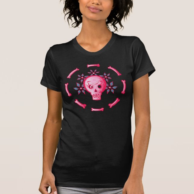 Funny Skull Pink Halloween Whimsigoth T-Shirt (Front)