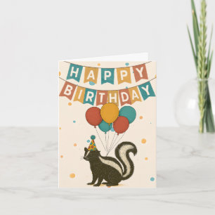 Funny Skunk Birthday Card – Balloons & Party Hat