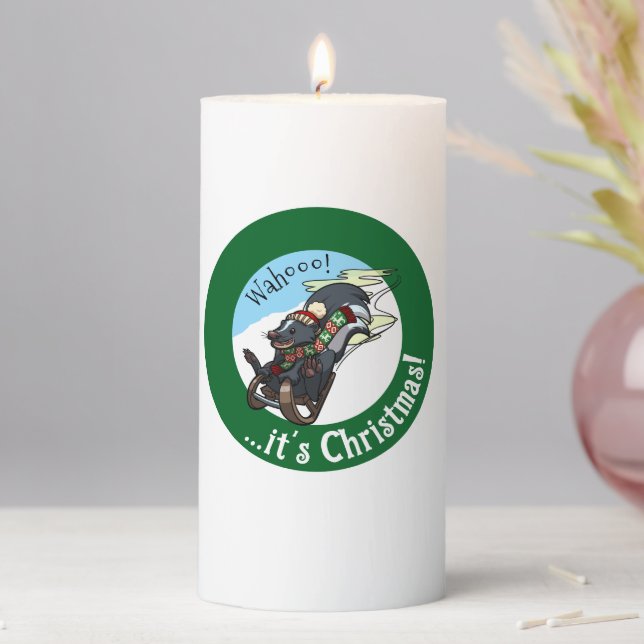 Funny Skunk On A Sled It's Christmas! Cartoon Pillar Candle (In Situ)