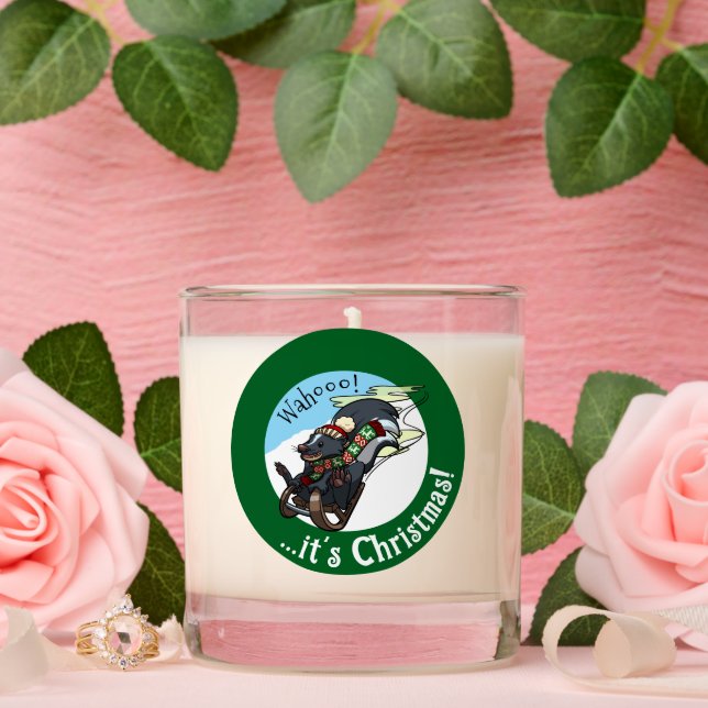Funny Skunk On A Sled It's Christmas! Cartoon Scented Candle (Wedding)