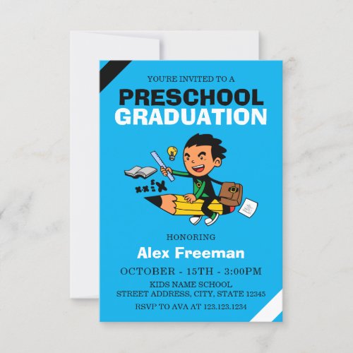 Funny Sky Blue Boy Preschool Graduation Invitation