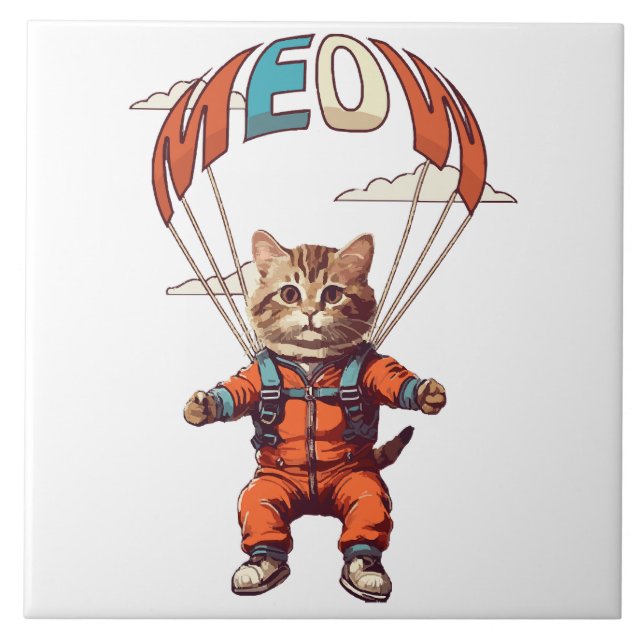 Funny Skydiving Cat Ceramic Tile (Front)
