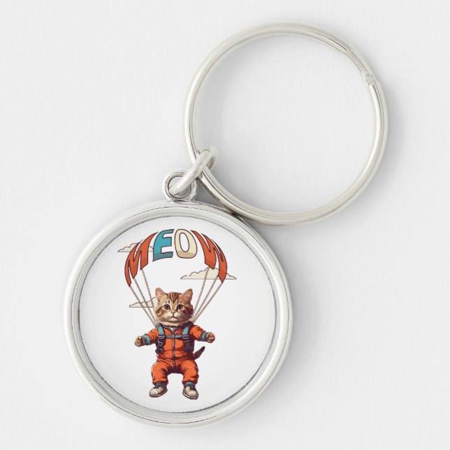 Funny Skydiving Cat Keychain (Front)