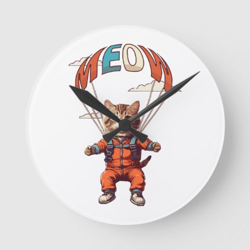 Funny Skydiving Cat Round Clock