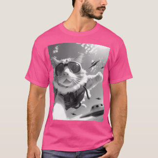 Funny Skydiving Cat Selfie With Alien Ufos T-Shirt