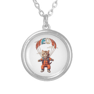 Funny Skydiving Cat Silver Plated Necklace