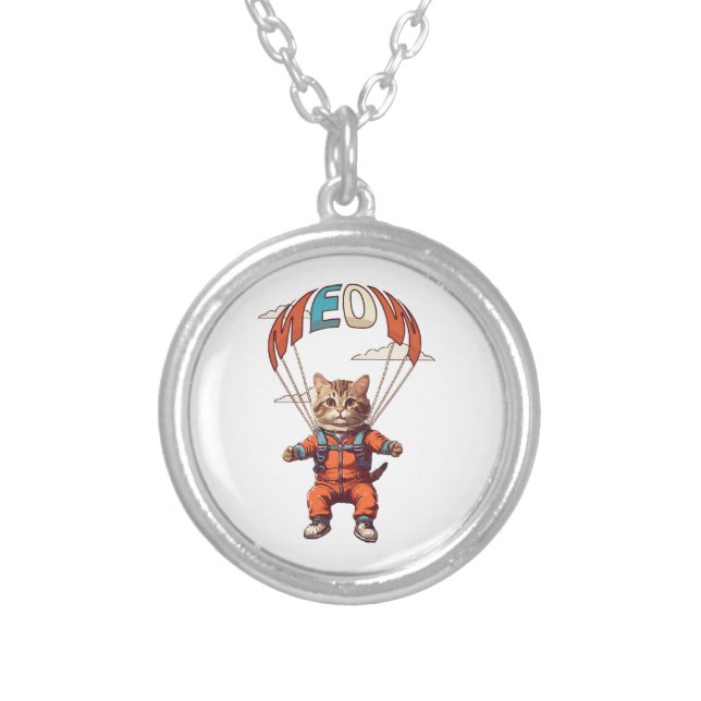 Funny Skydiving Cat Silver Plated Necklace (Front)