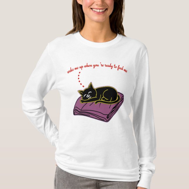 Funny Sleeping Black Cat Long Sleeve Feed Me Shirt (Front)