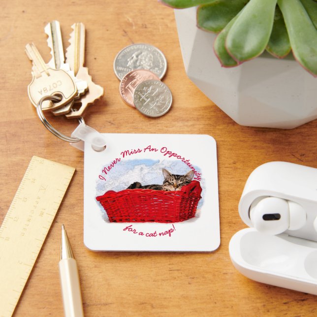 Funny Sleeping Kitten In Red Basket Photo Custom Keychain (Desk)
