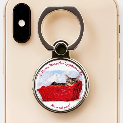 Funny Sleeping Kitten In Red Basket Photo Custom Phone Ring Stand