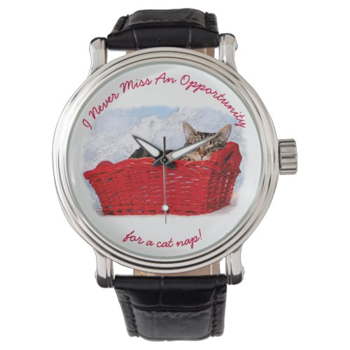 Funny Sleeping Kitten In Red Basket Photo Custom Watch