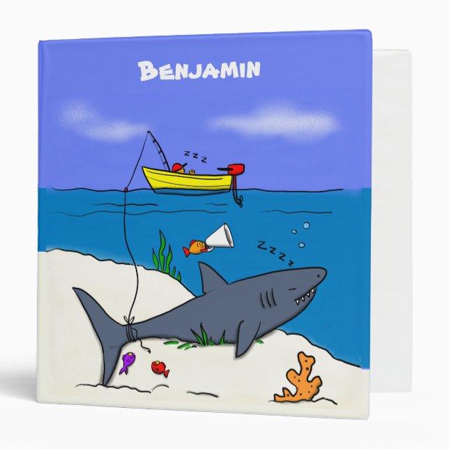 Funny sleeping shark and fishing cartoon 3 ring binder (Front/Inside)
