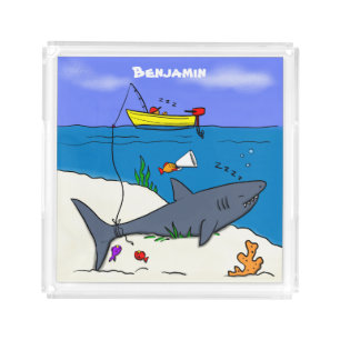 Funny sleeping shark and fishing cartoon acrylic tray