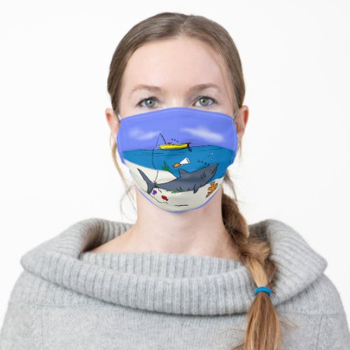 Funny sleeping shark and fishing cartoon adult cloth face mask