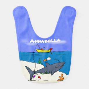 Funny sleeping shark and fishing cartoon baby bib