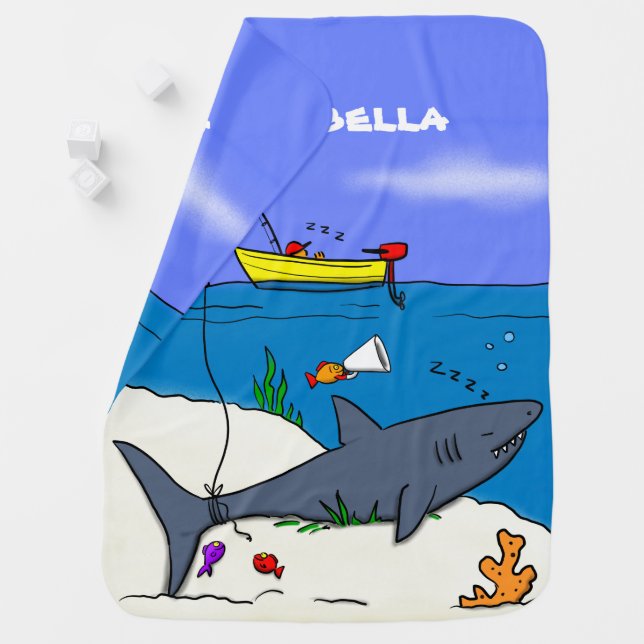 Funny sleeping shark and fishing cartoon baby blanket (In Situ)