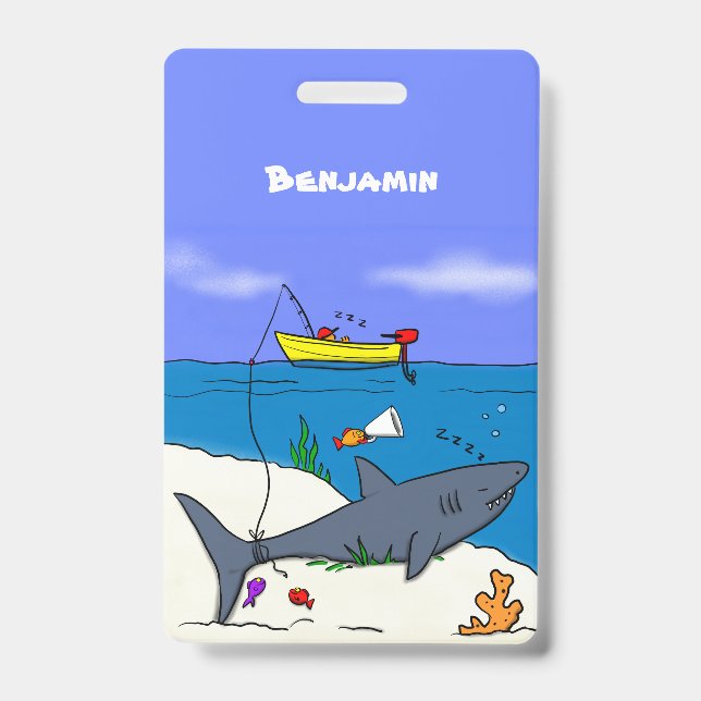 Funny sleeping shark and fishing cartoon badge (Front)