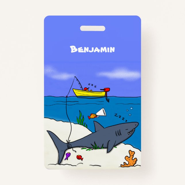 Funny sleeping shark and fishing cartoon badge (Front)