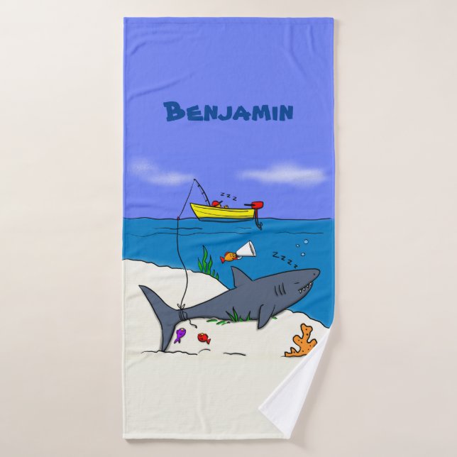 Funny sleeping shark and fishing cartoon bath towel set (Bath Towel)