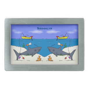 Funny sleeping shark and fishing cartoon belt buckle