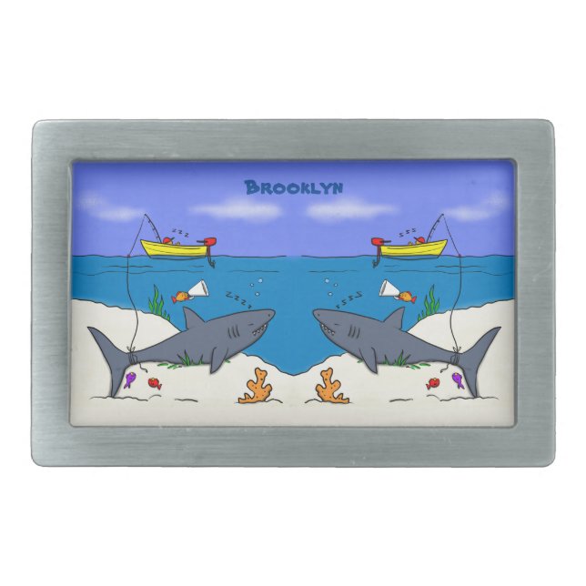 Funny sleeping shark and fishing cartoon belt buckle (Front)