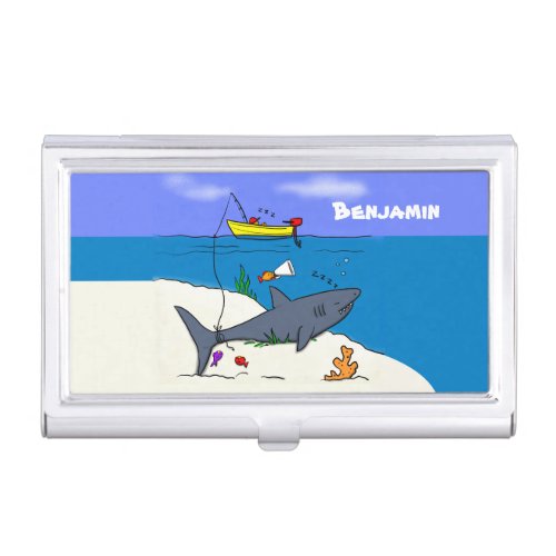 Funny sleeping shark and fishing cartoon business card case