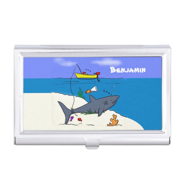 Funny sleeping shark and fishing cartoon business card case (Front)
